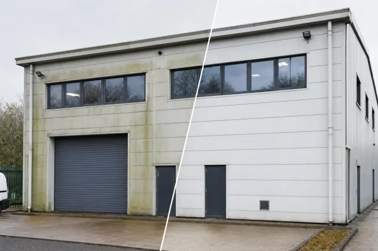 Commercial cleaning — warehouse unit before and after exterior low-pressure clean